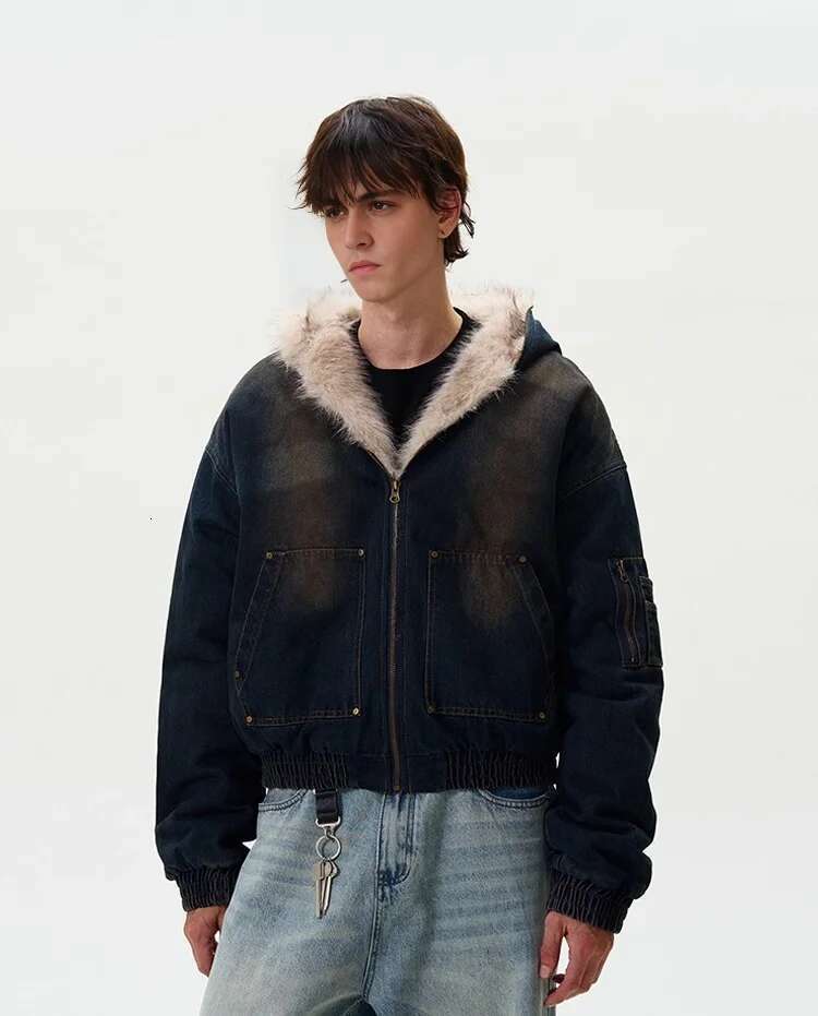 Fur Collar Denim Parkas Men's And Women's Distressed Puffer Jacket Hip Hop Thickened Warm Coat Short
