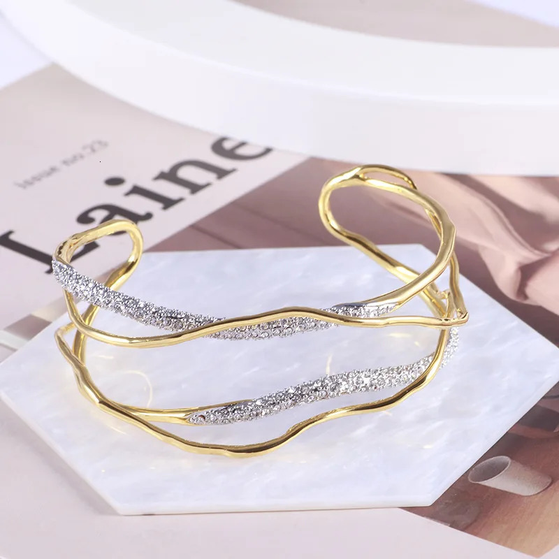 Fashion Irregular Metal Lines Wound Splicing Clear Rhinestone Paved Light Open Bangle Exquisite Bracelet for Women 251107