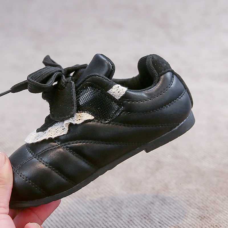 Girls Leather Shoes 1-12 Years Old Beige Lace Childrens White Shoes Four Seasons Models Black Soft Bottom Non-slip Kids SneakersT251110