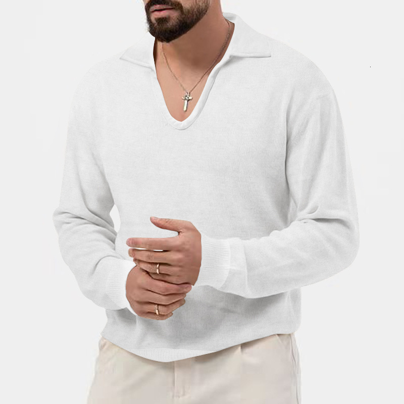2024 autumn/winter new waffle polo shirt mens lapel loose solid color top long sleeved