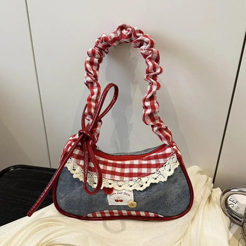 Korean Fashion Sweet Underarm Bag Harajuku Plaid Lace Mini Handbags Casual Cute Fresh Shoulder Bag With Y2K Zipper R251110