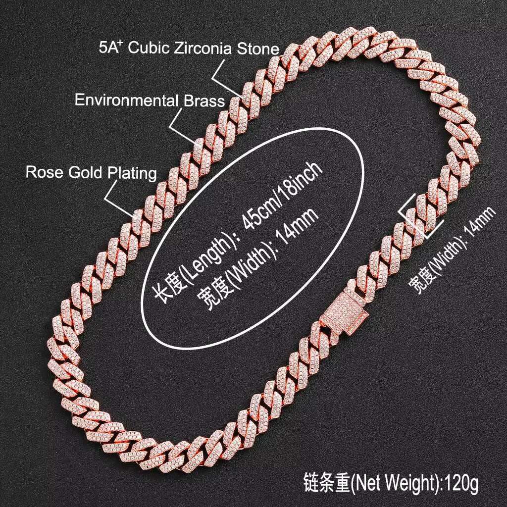 14mm Cuban Chain Pink Zircon Bracelet Genuine Gold Plated Ice Out Necklace Women's and Men's Jewelry Gift