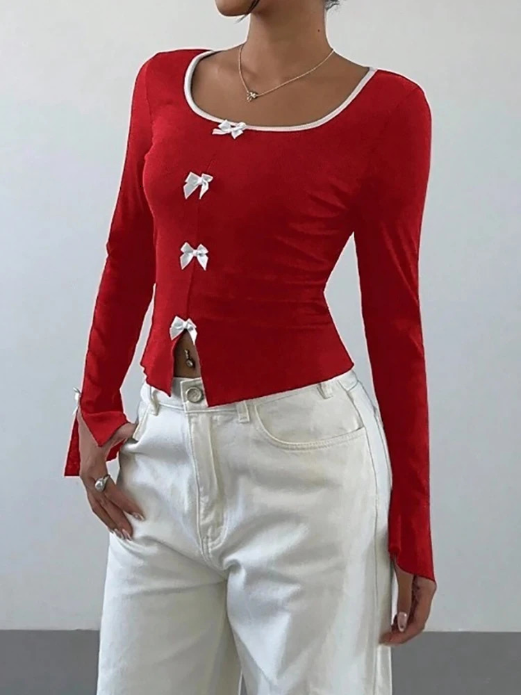 Heliar Womens Bow Stickers Tshirt Cute y2k Cut Top Ultra Thin Long Sleeve Spring Clothing Zipper 250407