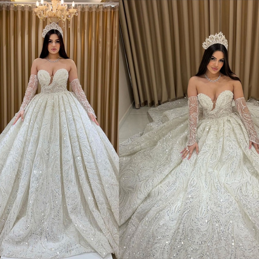 Gorgeous Wedding Dresses Ball Gown Strapless Pearls Crystals Bridal Gowns Customized Vestido de novia
