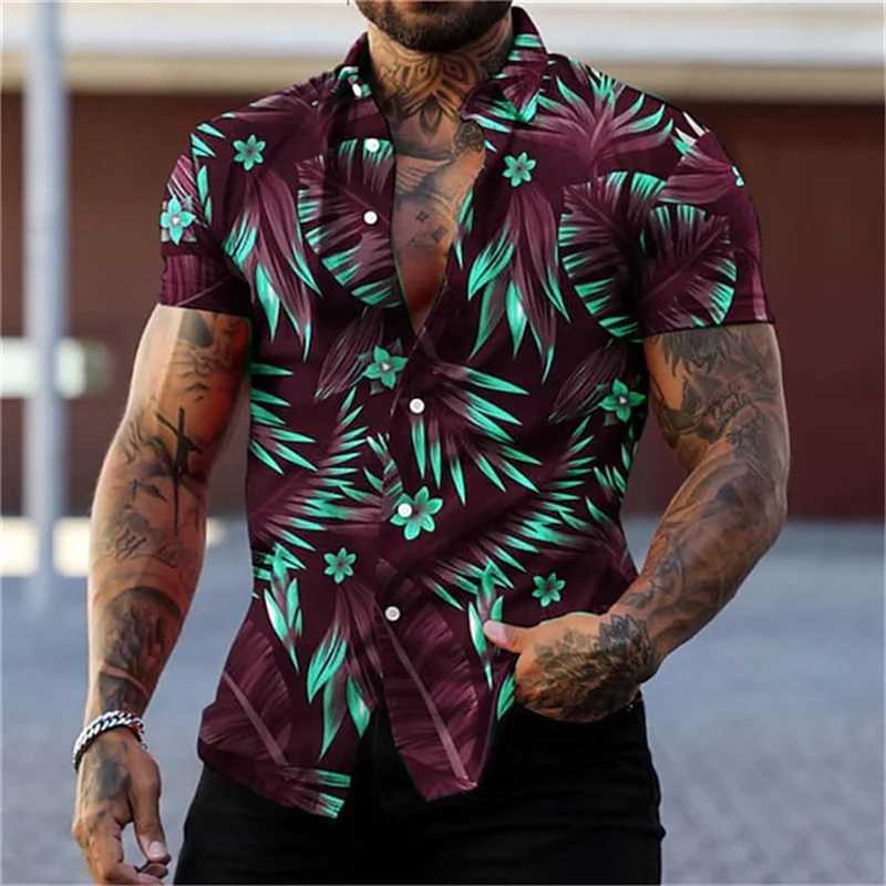 Mens Black Gold Flower Shirt Summer Plant Printed Collar Shirt Hawaiian Style Beach Short Sleeve Button X250410