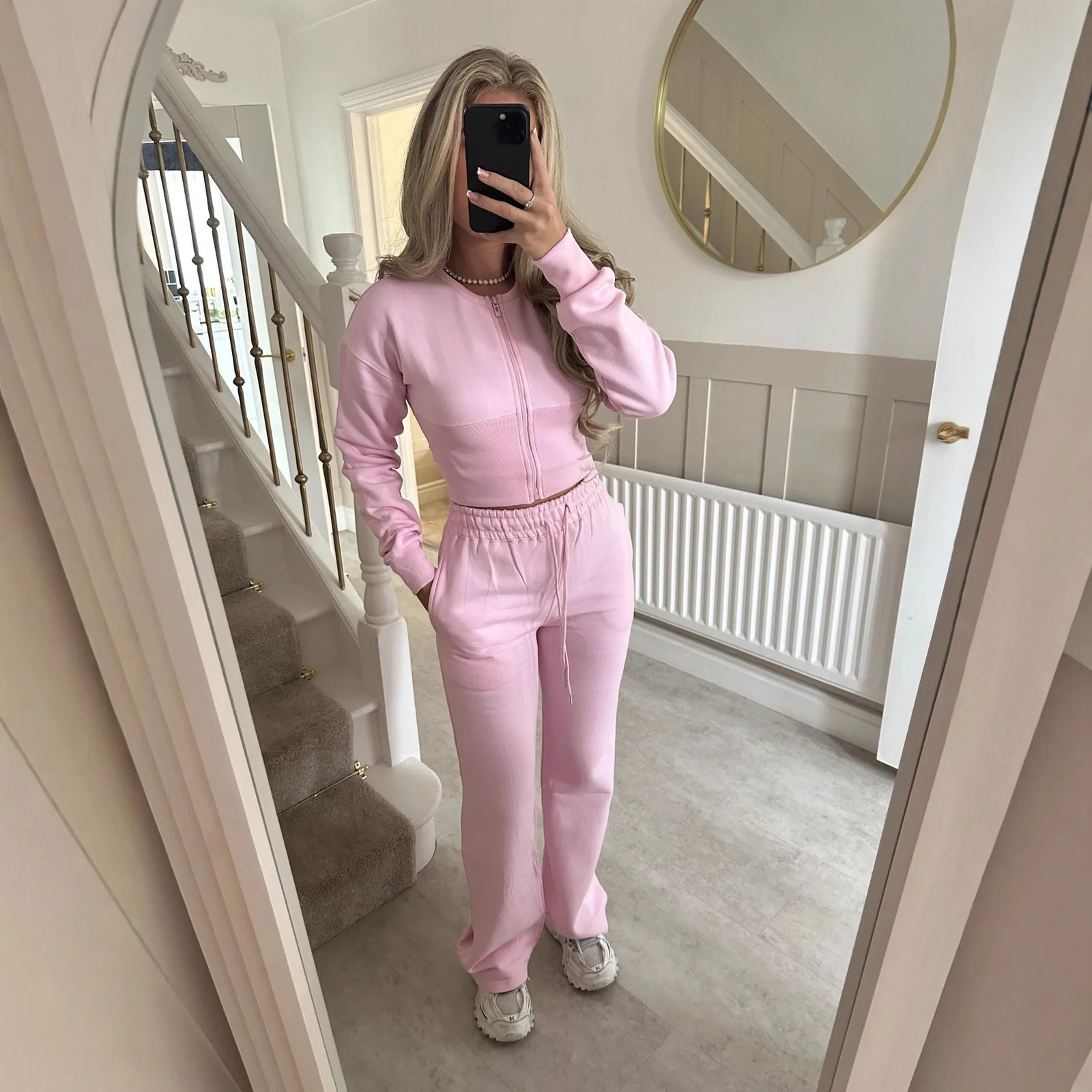 Fashion Set For Women Autumn Slim O Neck Zipper Coat Top Wide Leg Pants Two Piece Leisure Sportswear Sets Outfits 251110