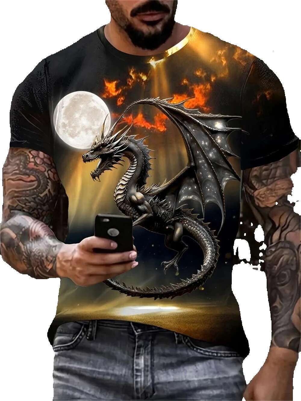 3D dragon print Haruku Street short sleeved round neck fashionable and personalized men's T-shirt, oversized casual T-shirt top