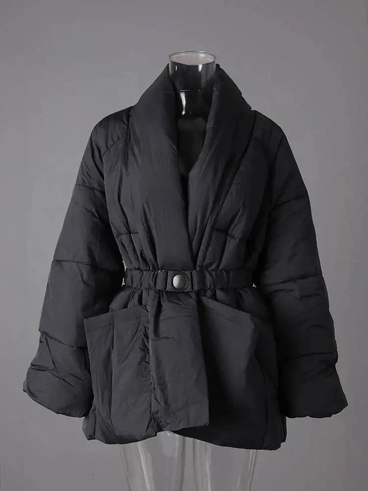 DEAT Fashion Brown Cotton-padded Coat Womens V-neck Loose Big Pockets Sashes Thick Warm Jacket Winter 251107