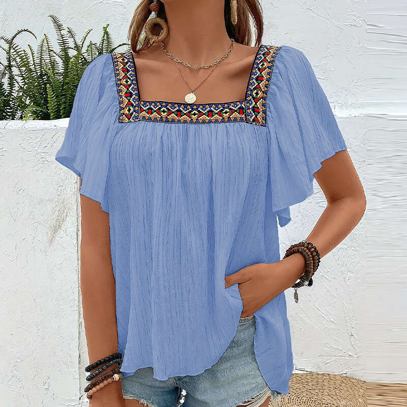 Cross-Border Foreign Trade European and American Summer Vacation Lace Embroidery Square Neck Shirt Pullover Ruffle Short Sleeve Backless Blouse Women&