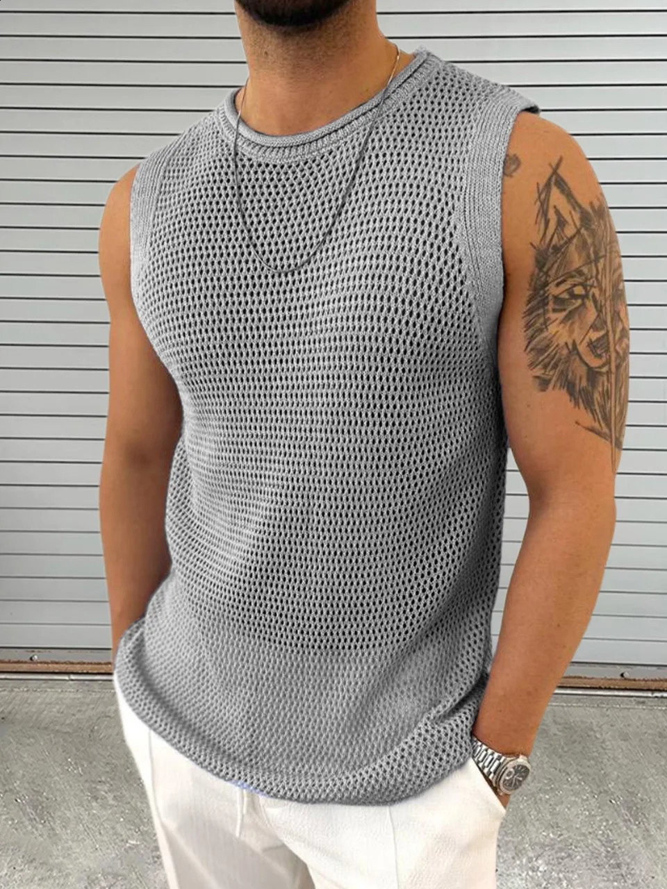2025 Fashion Summer Knitwear Mens Round Neck Sleeveless Hollow Pullover European and American Tank Top 250407