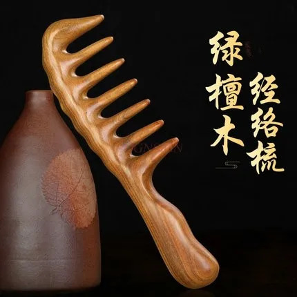 Green sandalwood head meridian comb scalp massage big tooth natural genuine sandalwood comb wide tooth hair loss 251107