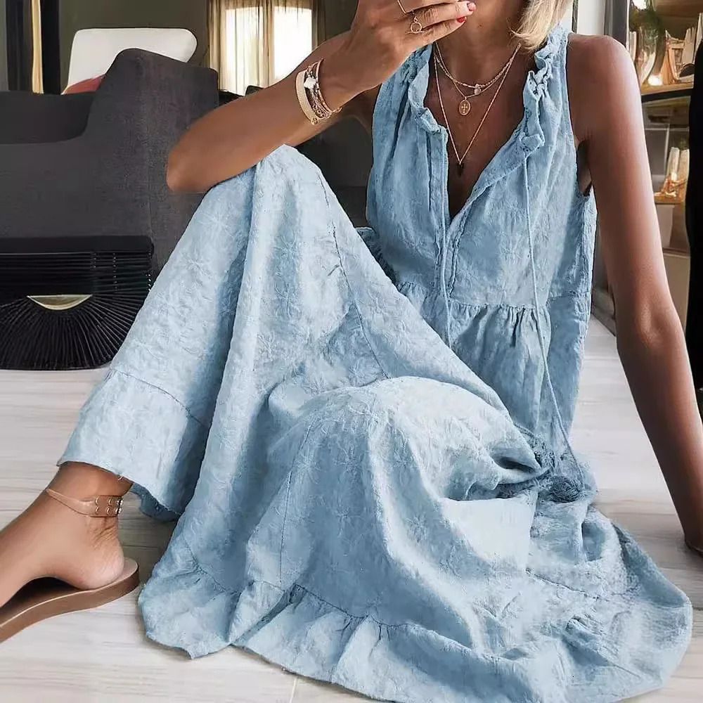 Leisure Cotton Maxi Dress Womens Summer Sleeves Lace Strap Loose Beach Vacation Womens Tank Top Fashion Splicing Folding Too Large 250409