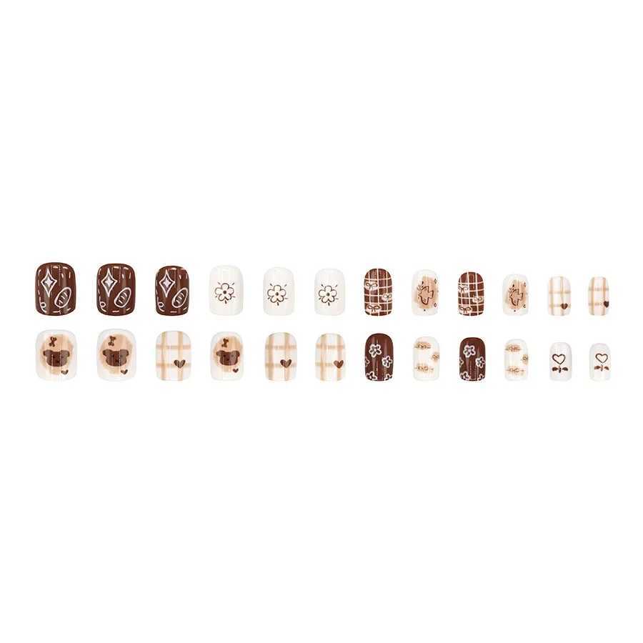 Brown cute bear fake nails with jelly stickers pressed on top of the fake nails wearable round headed oval shaped fully covered nail tips W250410