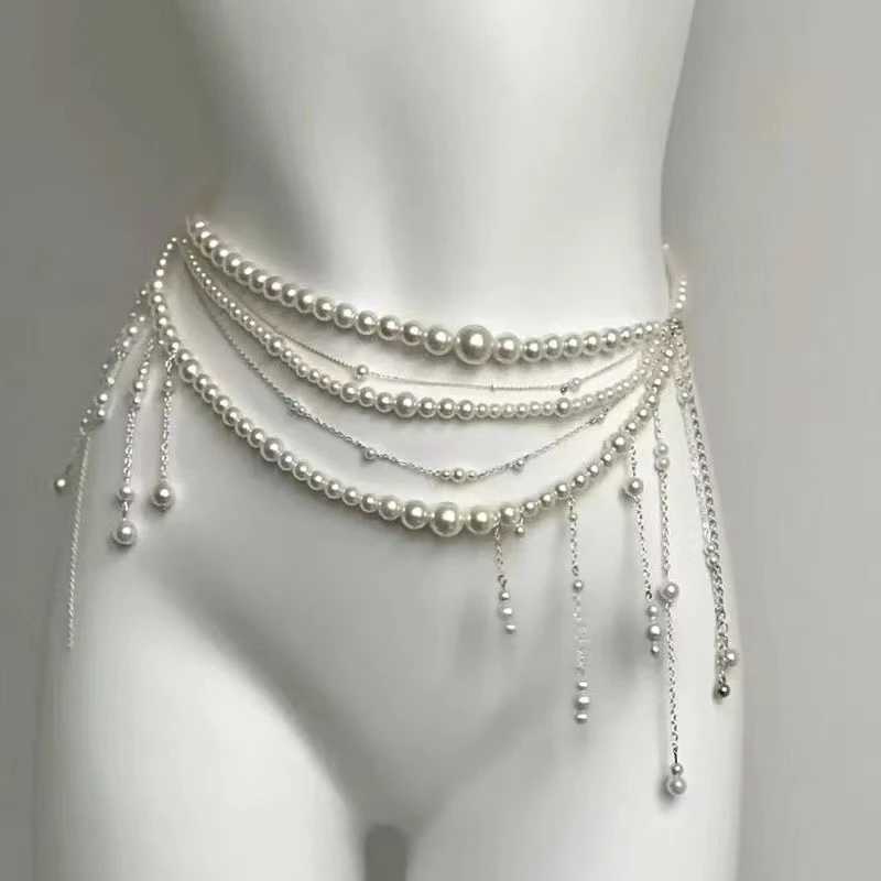 Korean style flower pearl tassel necklace womens sexy pearl Mti layer body chain retro stacked pearl sweater accessories X250410