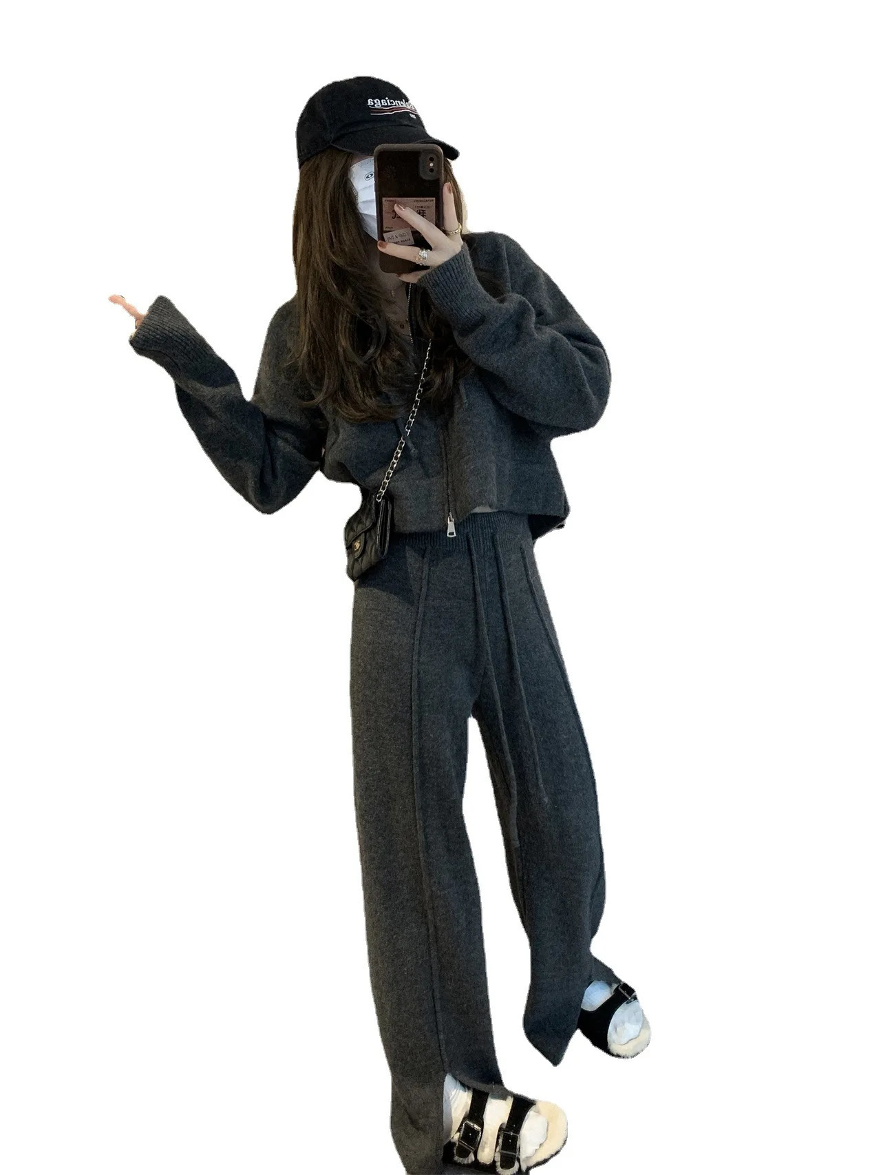 Spring and Autumn Womens Sweater Suit Hooded Knit Wideleg Pants Two Piece Set Lazy Casual Knitwear Cardigan Lady 251110