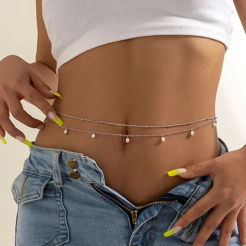 Fashion Sexy Double Layer Pearl Chain for Women Waist Bead Belly Chain Belly Belt Summer Beach Body Jewelry Festival Gifts 250409