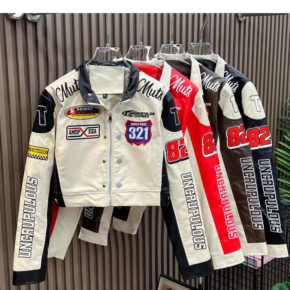 Retro Embroidery Motorcycle Cropped Varsity Jackets Women 2025 Spring PU Faux Leather Racing Baseball Short Coat Female Outwears
