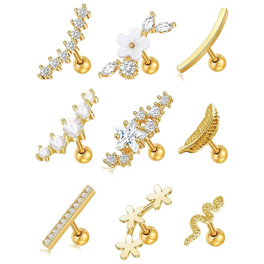 9 Pcs Cartilage CZ Stud Earrings Conch Forward Helix Tragus Daith Piercing Lip Rings Snake Heart Butterfly Jewelry for Women Men 16G Gold Tone