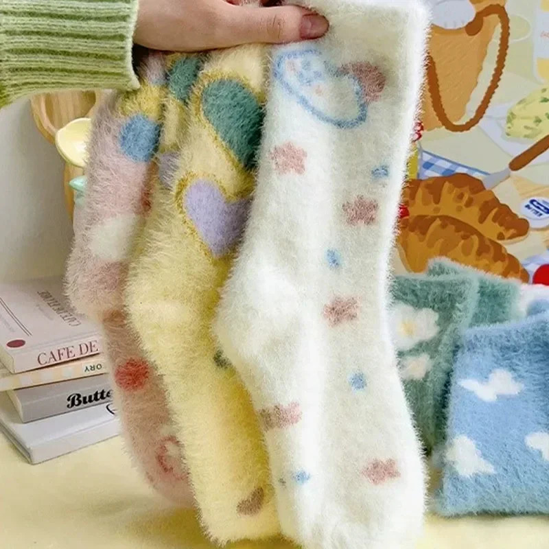 Winter Socks For Women Warm Fluffy Fuzzy Middle Tube Thick Thermal Soft Coral Fleece Floor Sleep Cartoon Star Short Crew Socks 251106