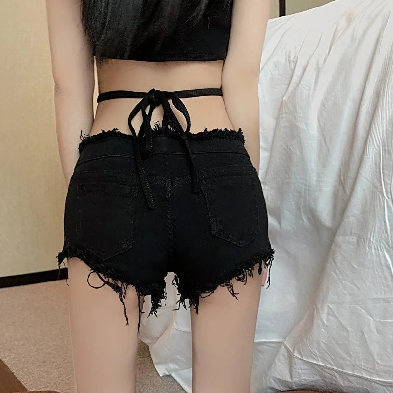 Zipper Denim Shorts Summer Europe and America tie Women Shorts Fashion Sexy Low Rise Ripped Womens Pants Jeans 250410