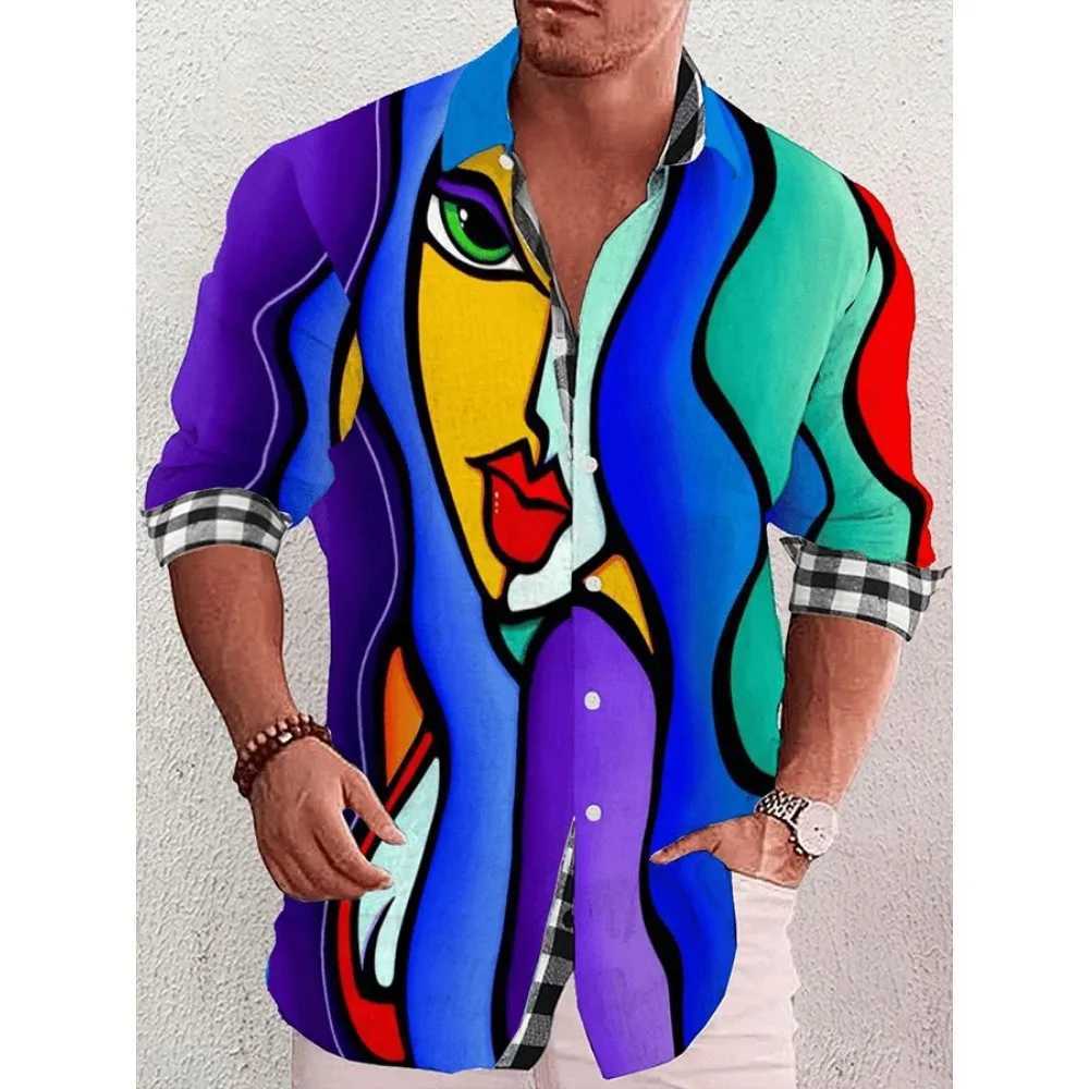 Mens 3D Art Painting Fashion Printing Single Chest Long Sleeve Casual Shirt Mens Loose Collar Mens Clothing X250410