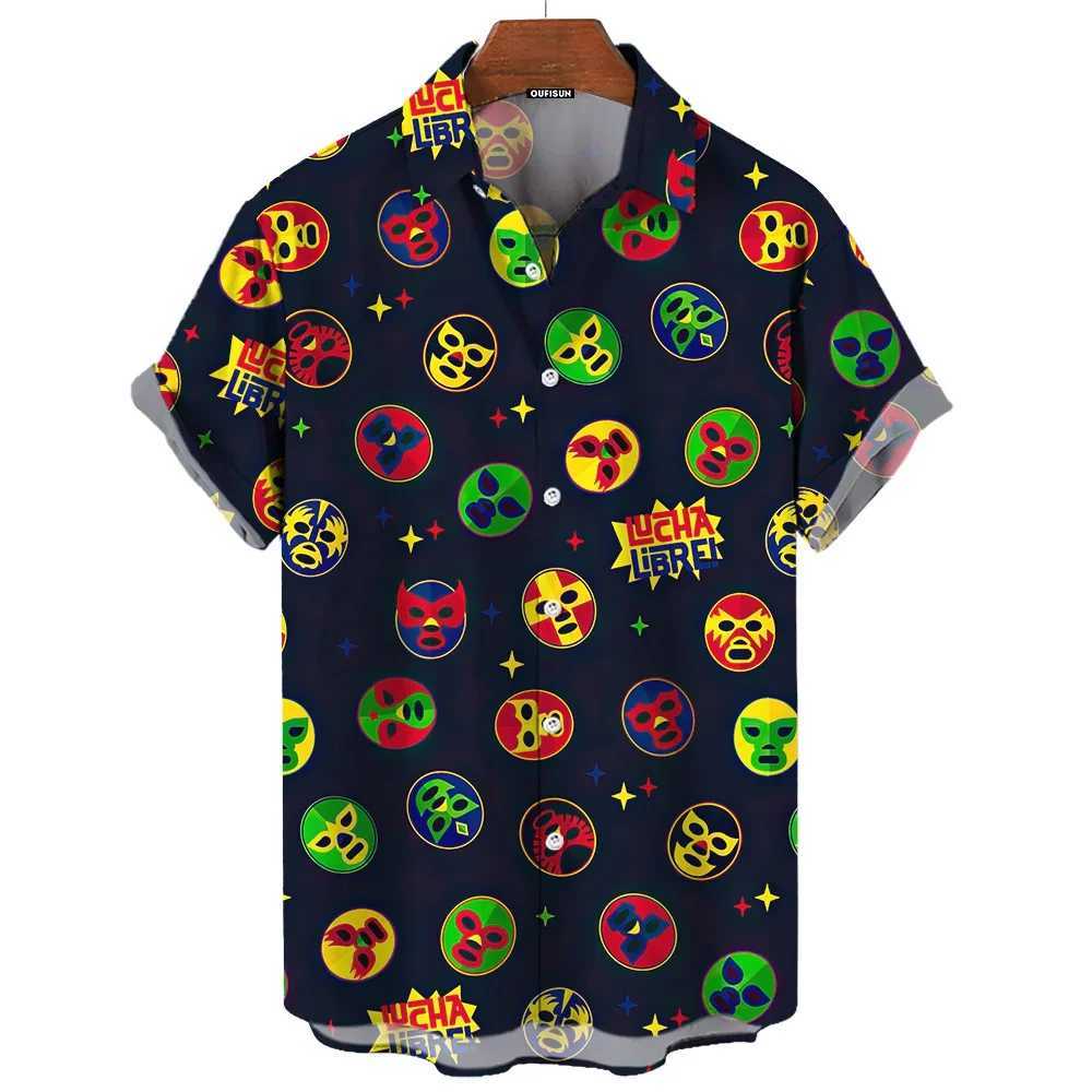 3D mask printed mens summer shirt Lucha Libre short sleeved casual Hawaiian mens loose clothing Mexican wrestling X250410