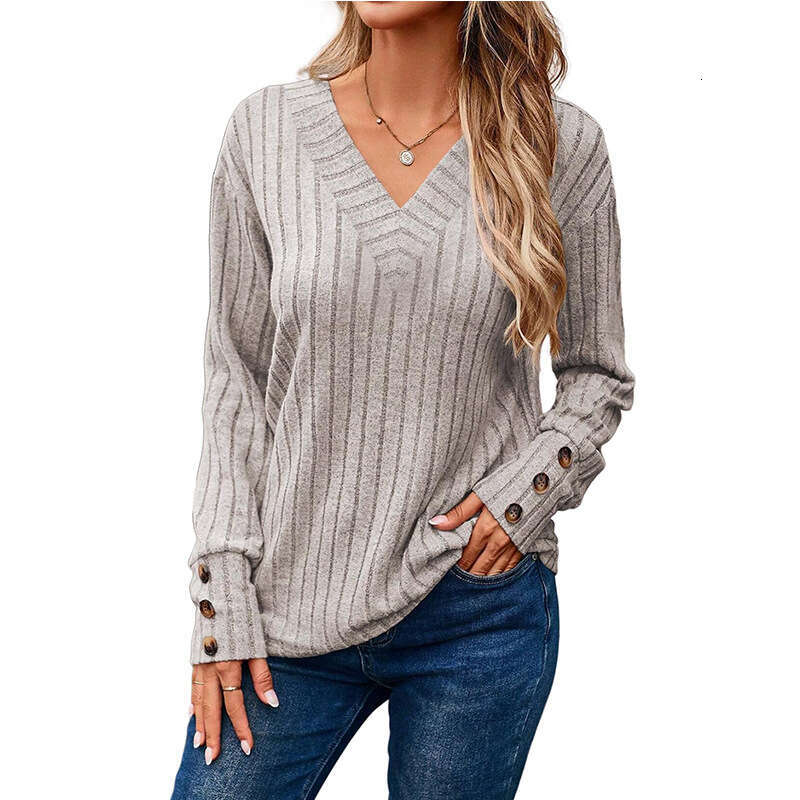 2025 Autumn Winter New European and American Cross-Border Fashion Amazon Women's Long Sleeve V-Neck Shirt Solid Color Button T-Shirt
