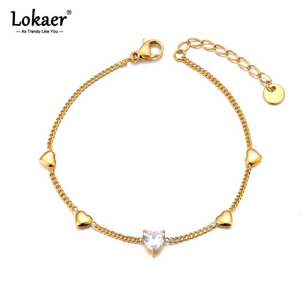 Lokaer Cubic Zirconia Heart Chain Bracelet Stainless Steel Womens Hand Bracelets Sweet Style 18K Gold Plated Jewelry B24070T251110