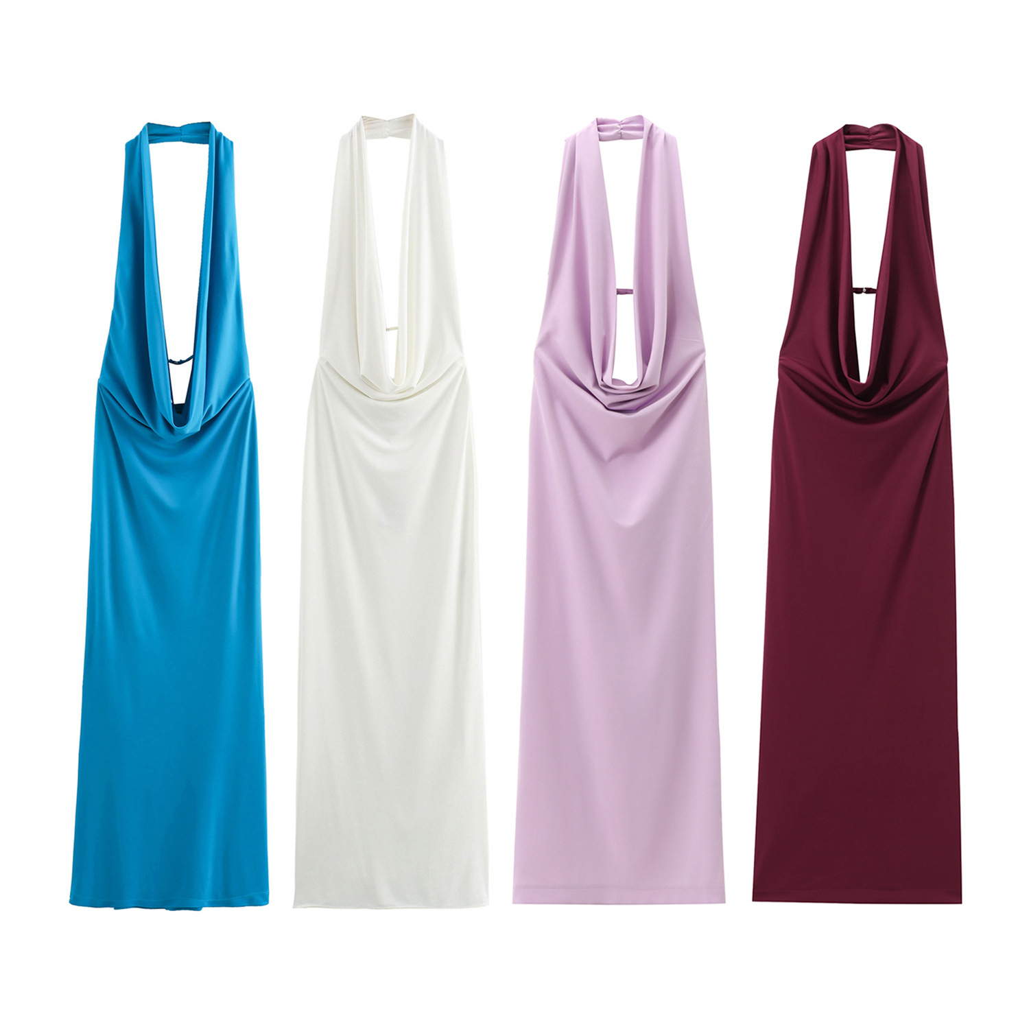 V46Chic Summertime Pleat Detail Women's Halter-Neck Dresses in Pure White
