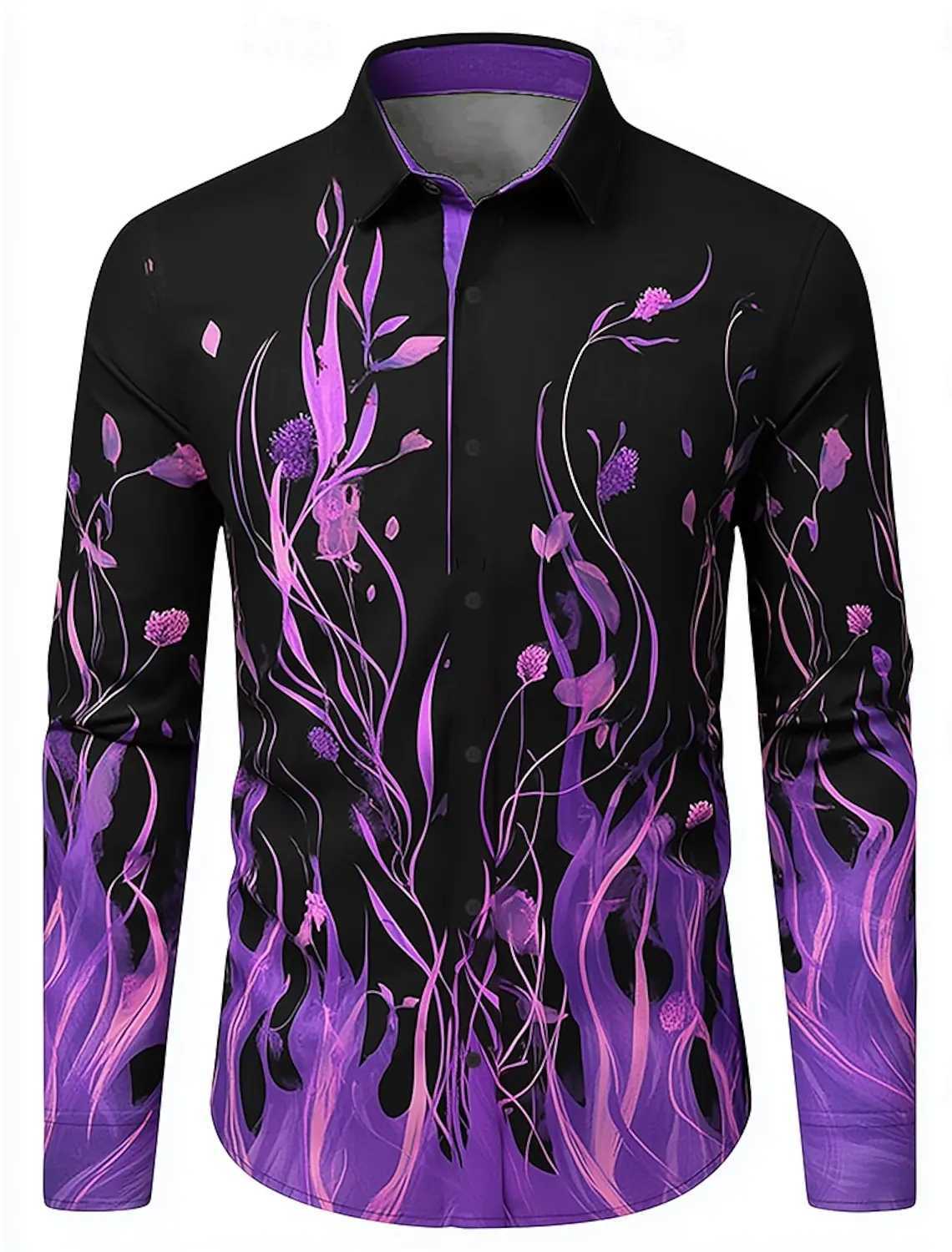 Hip Hop Flame Print Shirt Men Streetwear 2025 Fashion Long Sleeve Tops Urban Trendy Graphic Tee Shirt Casual Loose Fit Clothing K251110