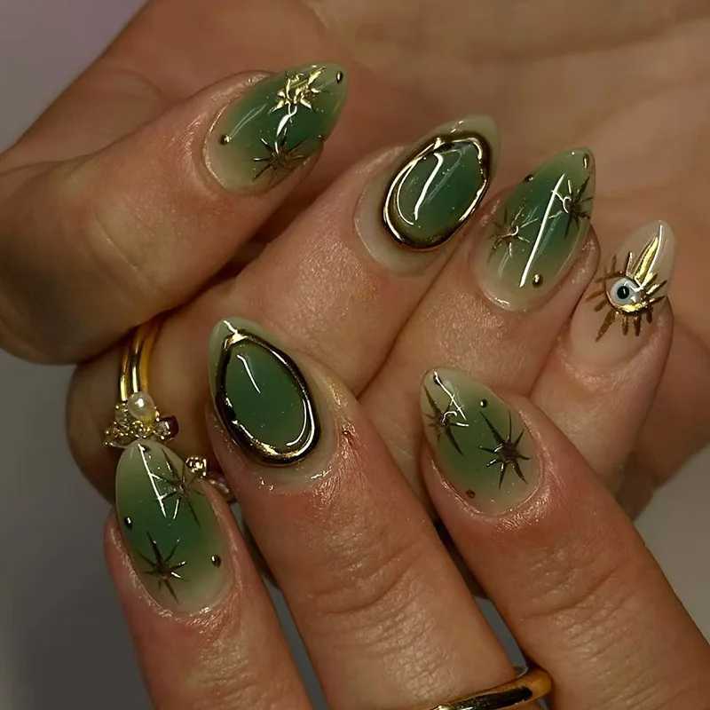 24 pieces of green almonds pressed on nails celebrity fake nails wearable nail sticks fake nails W250410
