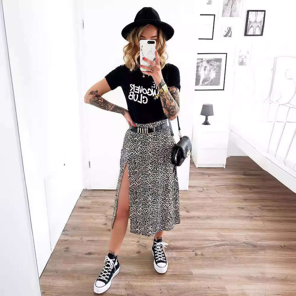 2021 ral leopard print high waisted elastic slit long A-e skirt for women in 2025, versatile new trendy clothing ins