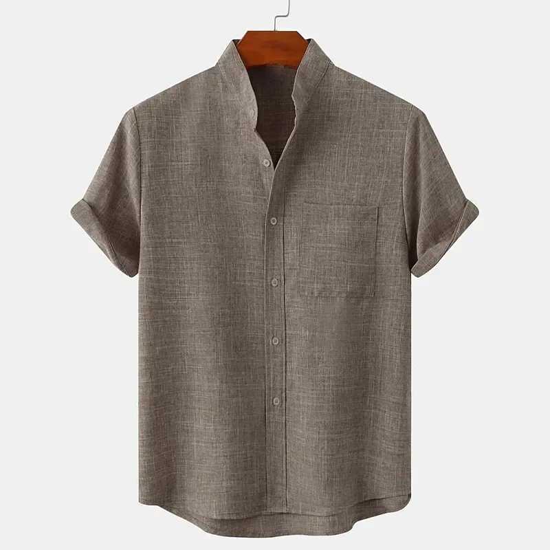 Summer new mens solid color hemp rope short sleeved lapel shirt casual plus size mens dress X250410