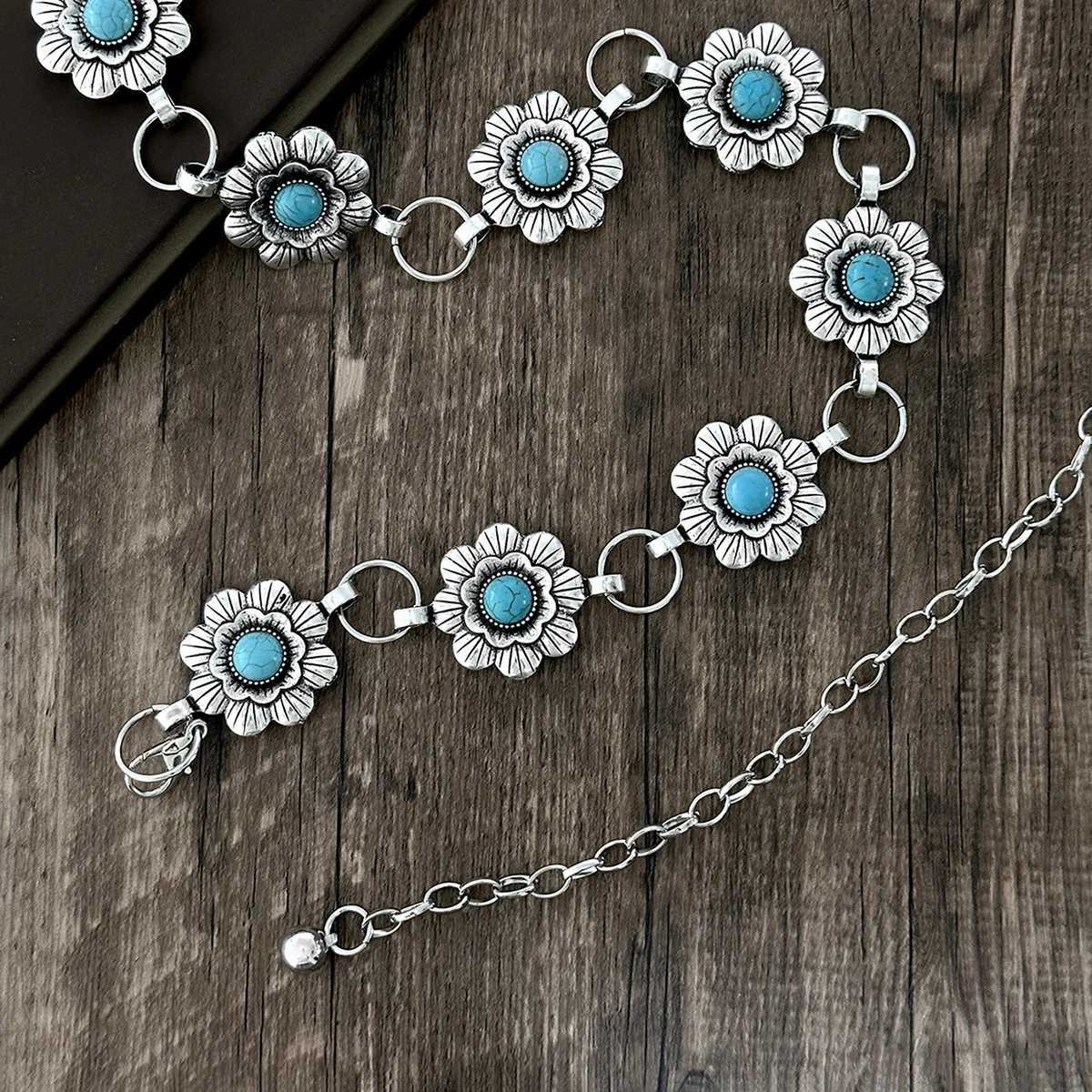 Bohen Retro Love Carved Turquoise Ladies Silver Waist Chain X250410