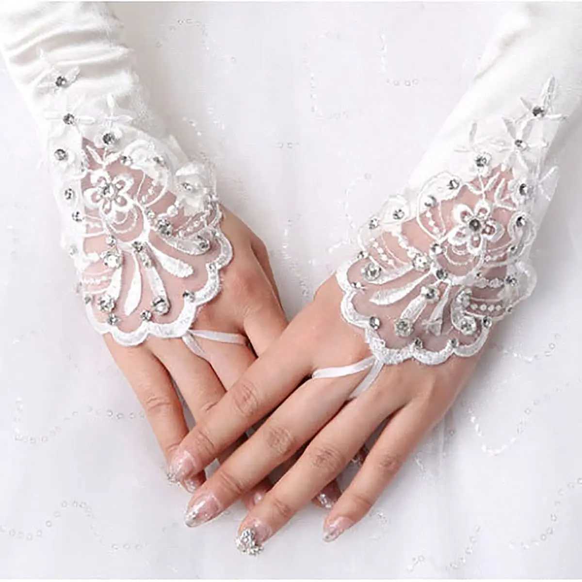 Satin Long Womens Wedding Gloves Ivory Fingerless Lace Bridal Crystal Bow Flower for Bride Rhinestone Accessory L251110