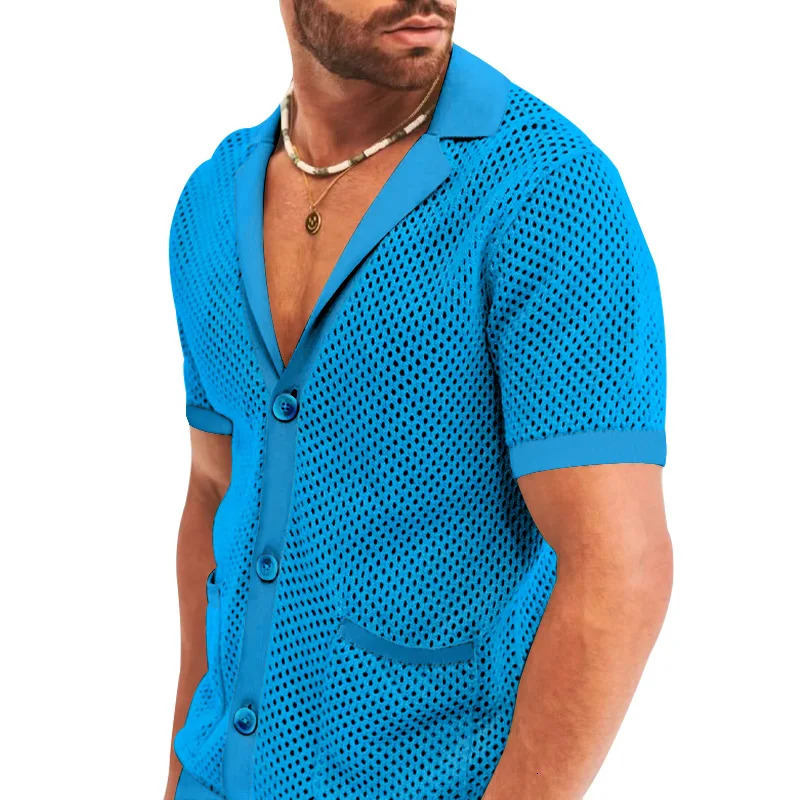 Summer mens open top shorts hollow knit casual sports collar T-shirt solid color beach mens 2-piece set 250410