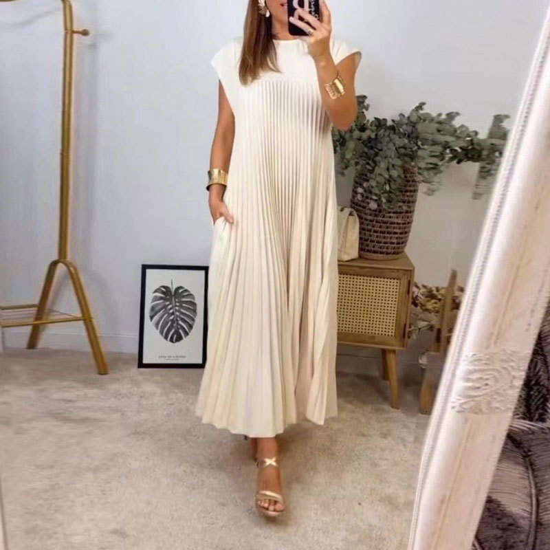 2024 Autumn New Cross-border European and American Women's Clothing Elegant Fashion Round Neck Sleeveless Pleated Long Dress