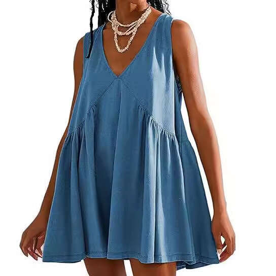 2024 European and American Foreign Trade Cross-Border Women's Fashion Amazon Shein V-Neck Sleeveless Ruched Tank Pocket Dress