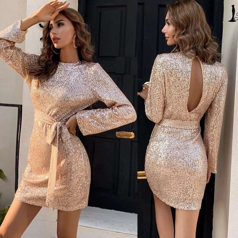 2025 Evening gold Slim Fit Waist-Cinching Lace-Up Long Sleeve Sequin Backless Night club dress SEXY DRESSES FOR WOMEN