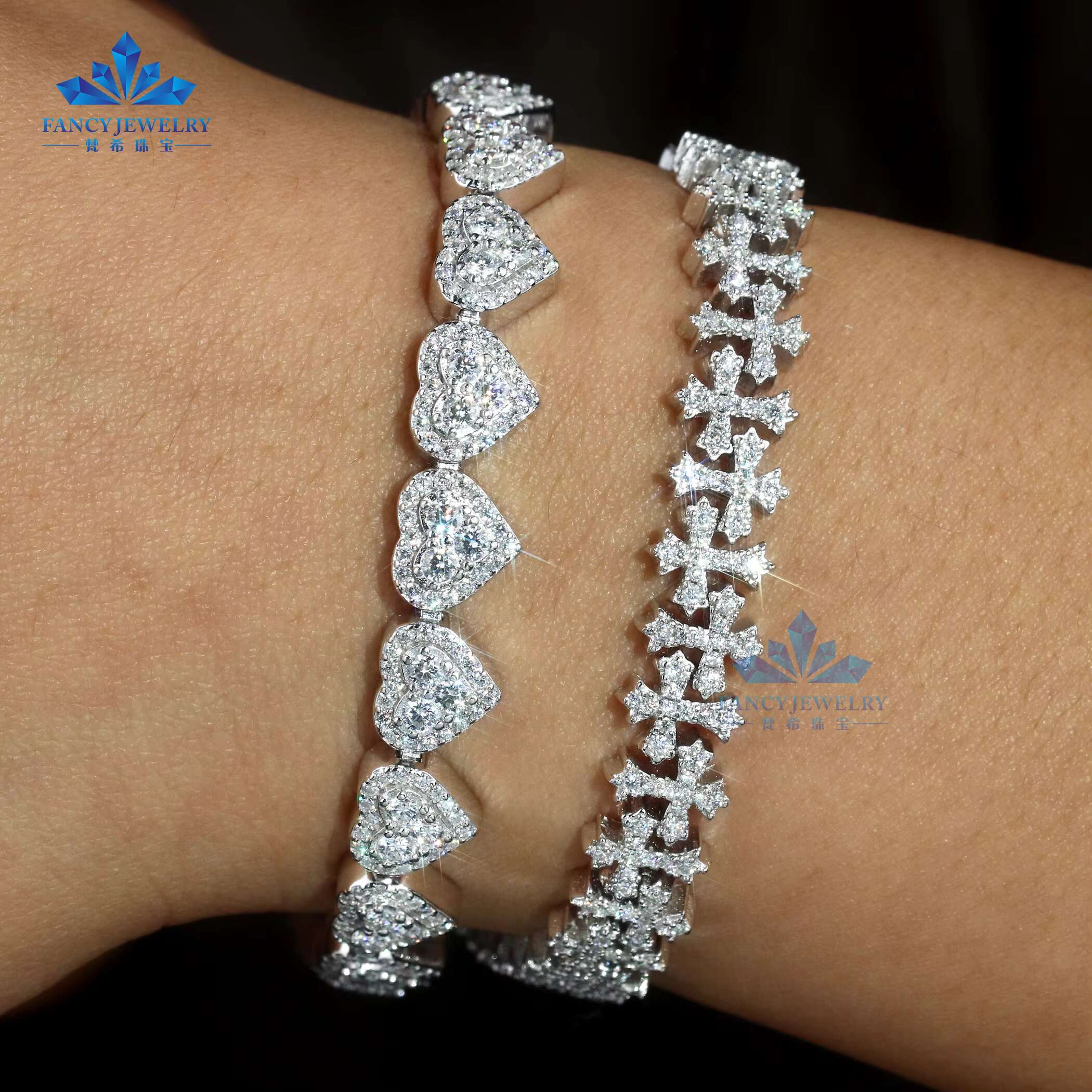Hot Sale Good Quality Moissanite Diamond Bracelet Heart and Cross Shape D VVS 925 Silver Hiphop Ice Out Bracelet Wedding Gifts