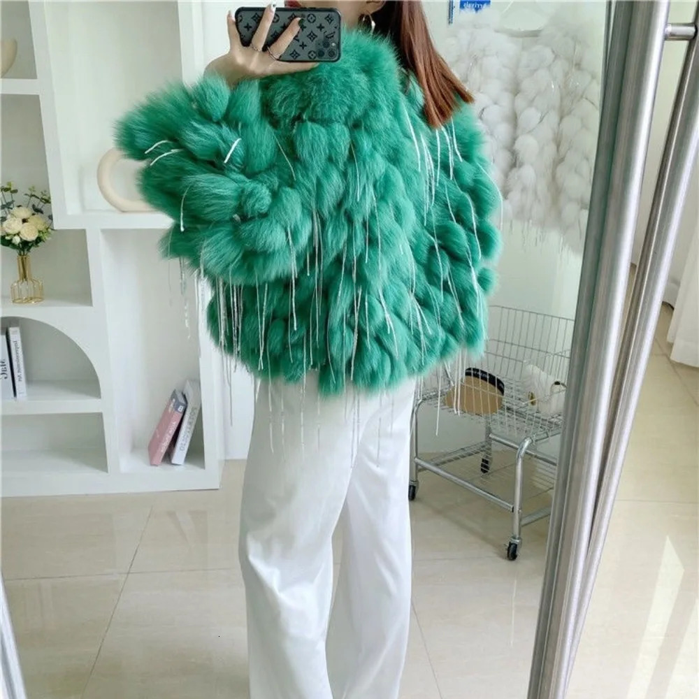 Natural Fur Coat Fashion Fox with Tassels Winter Warm Women Coats Real Jackets Thick sweet 251110