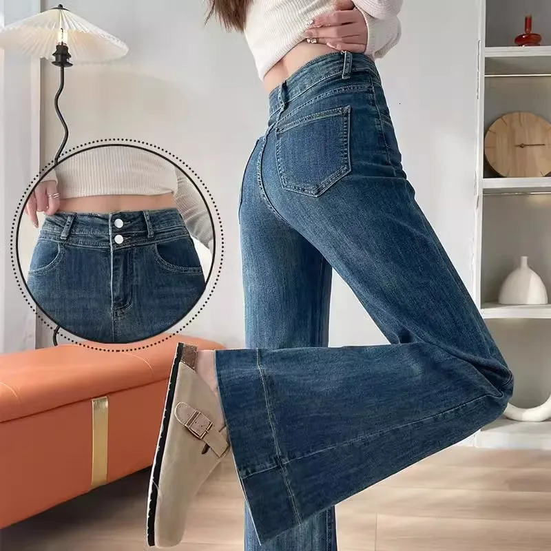 Retro Blue Womens Jeans SpringSummer 2025 Collection Drawstring Flared Pants High Waist Weight Loss Loose Wide Leg 250407