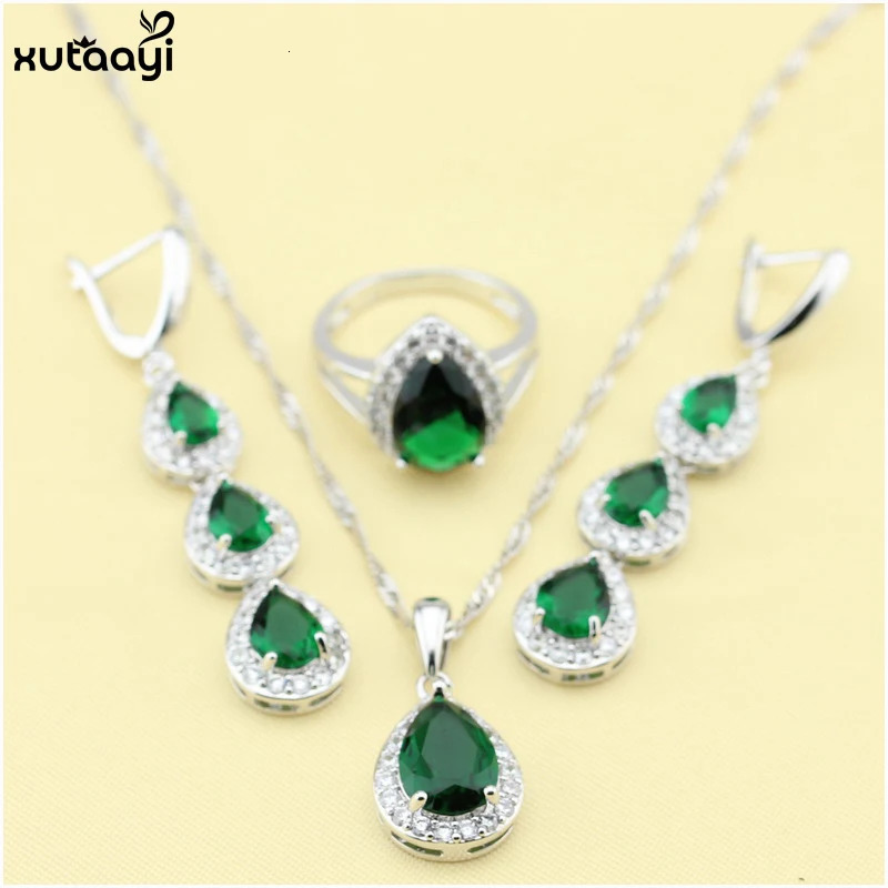 XUTAAYI Top Quality 925 Silver Jewelry Sets Green d Emerald Fancy NecklaceRingsEarringsBracelet Wedding Jewelry Sets 250409