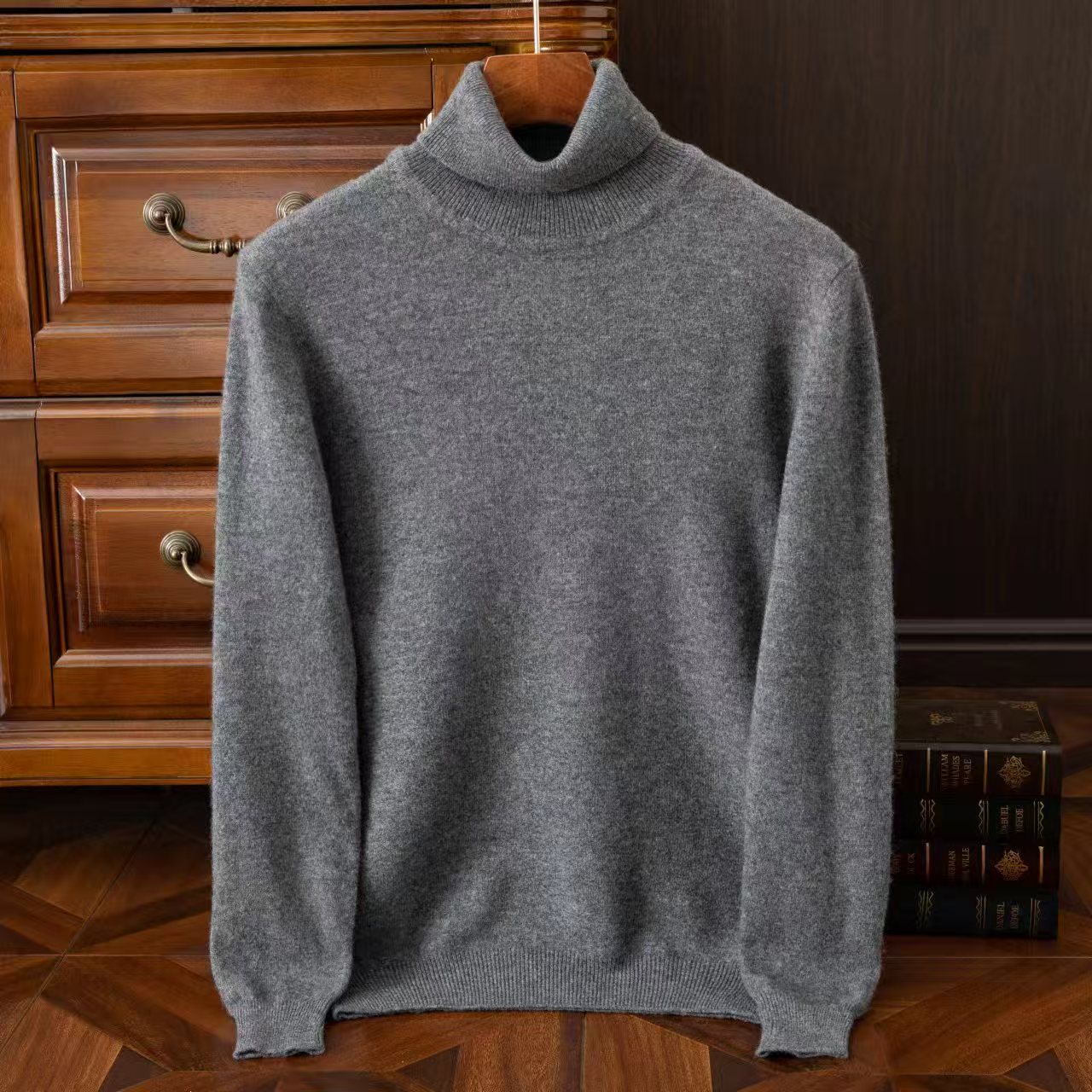Spring and Autumn men's 100% pure wool sweater knitted sweater pullover round neck high neck solid color versatile solid color sweater