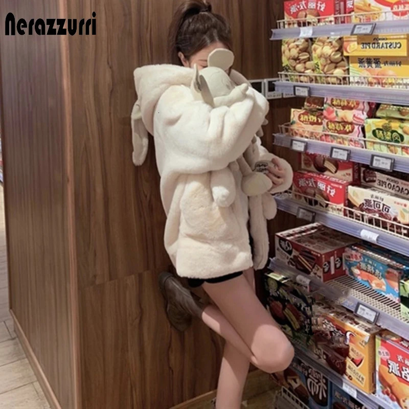 Nerazzurri Spring fluffy jacket with rabbit ears raglan sleeve zipper Oversize light soft harajuku kawaii faux fur hoodie 251110