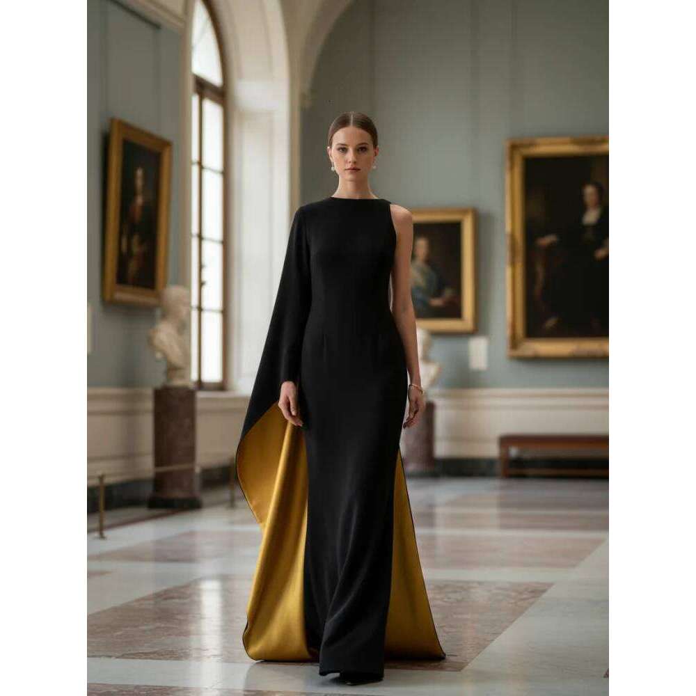 Freeacy Women's Asymmetric Cape Dress Ruffled One-Sleeve Floor Length Evening Gowns 2025 Stylish Contrast Color Party Dresses