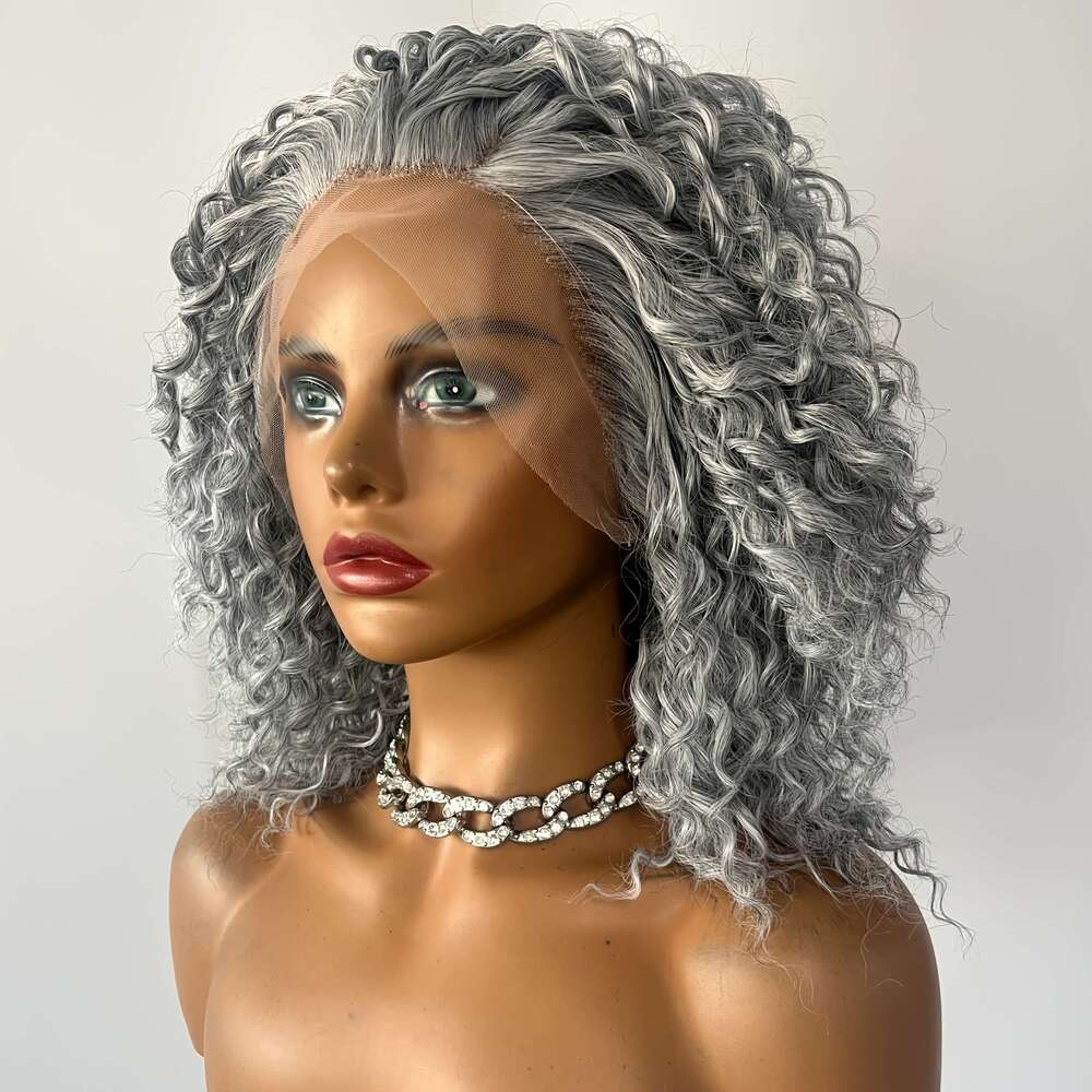 Gray Kinky Curly Synthetic Front Pre-Plucked, 13X3 Lace Area, High-Temperature Fiber, Heat Resistant, Glueless Full Set Women - Ideal Mother's Da