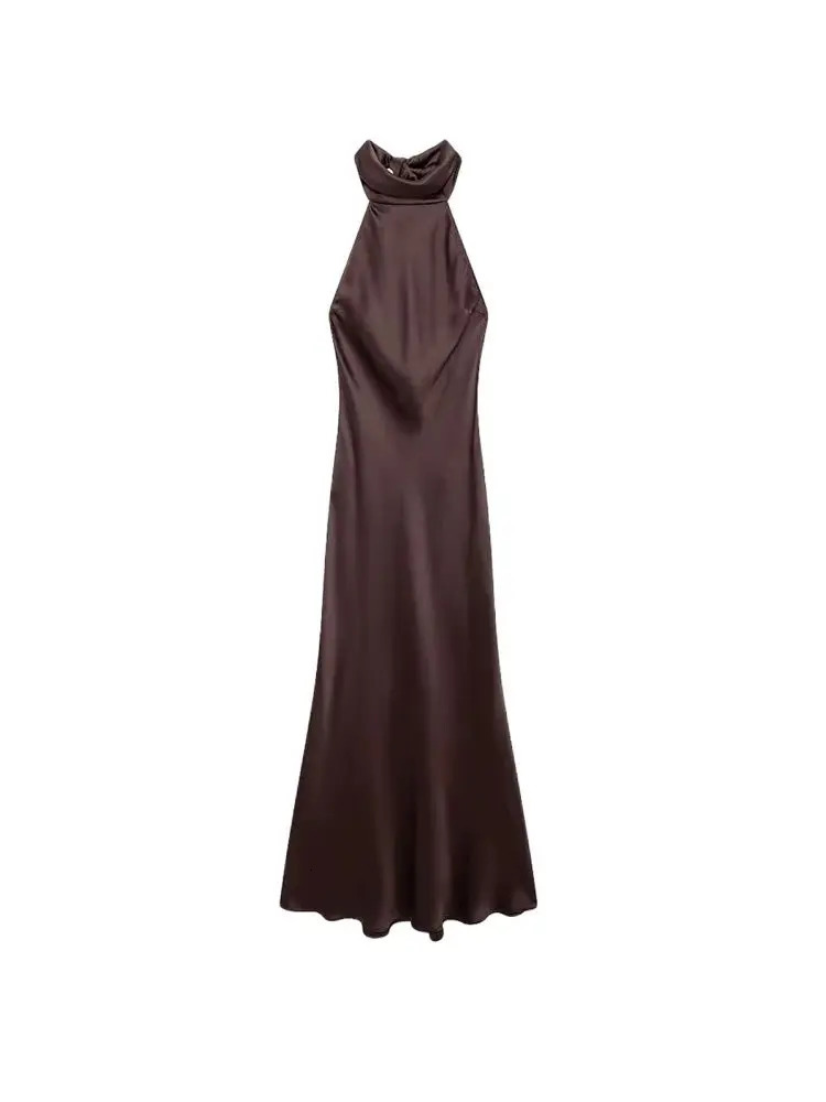 TRZA Womens Long Satin Strap Dress No Back Bow Back Zipper Womens Dress Sexy and Fashionable 250403