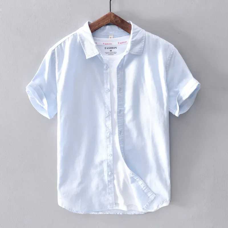 Cotton linen short sleeved mens casual fashion yellow lapel mens summer classic basic clothing X250410