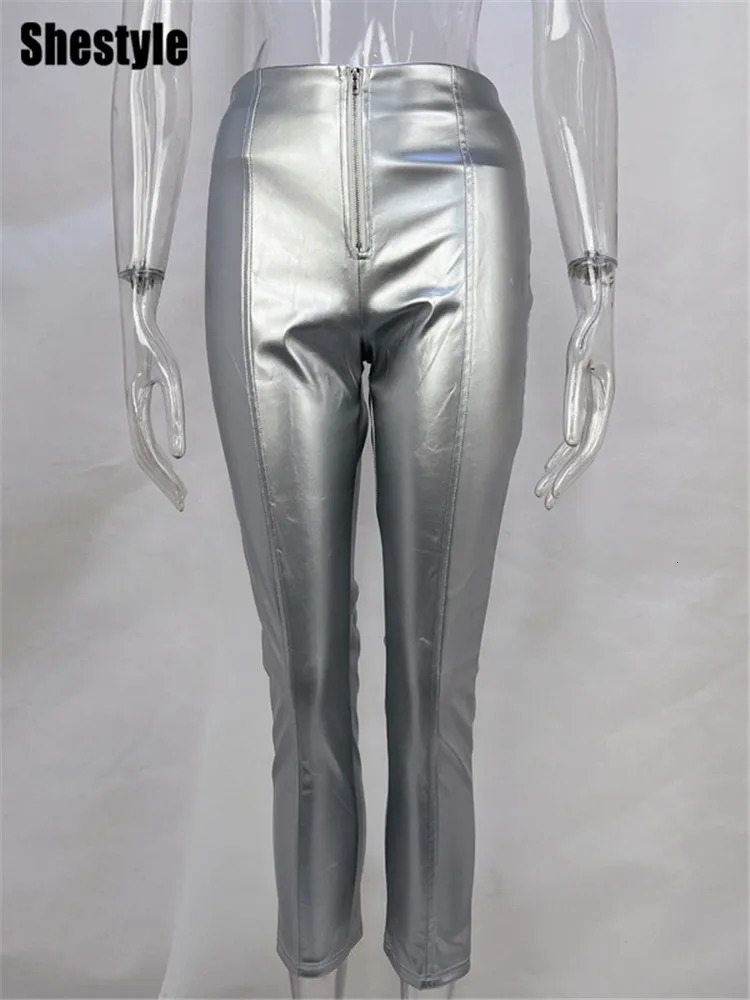 Shestyle PU Leather Zipper Fly Pencil Pants Women Skinny Elegance High Waist Sexy Athleisure Hipster Slim Trousers Silver 250409